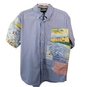 Tommy Hilfiger Blue White Yellow Surfer Beachy Vintage Patchwork Shirt Size L